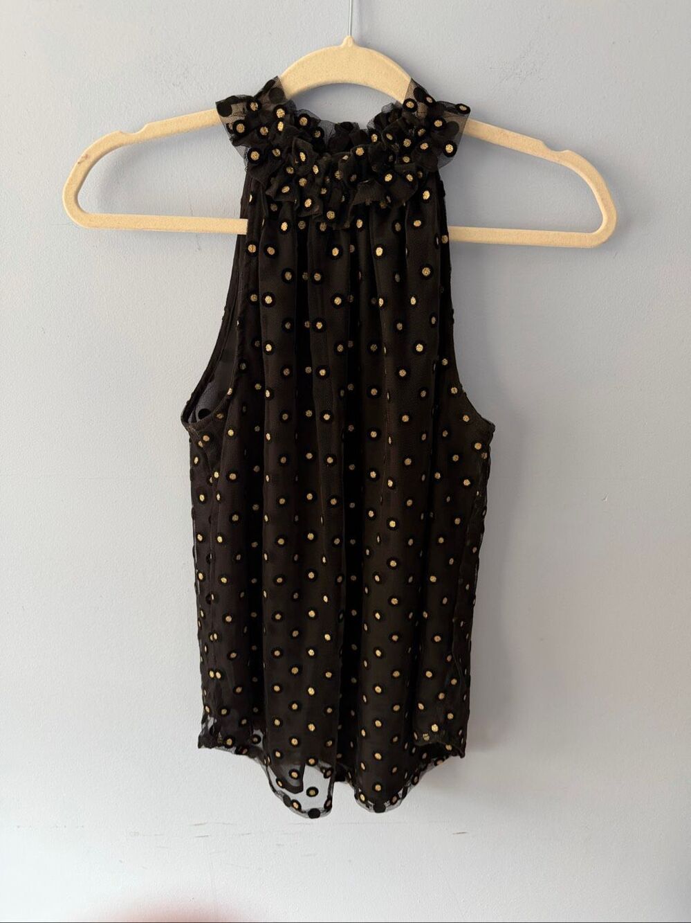 LOFT Black Gold Metallic Dot Mesh Halter Top Ruffle Neck Keyhole XS